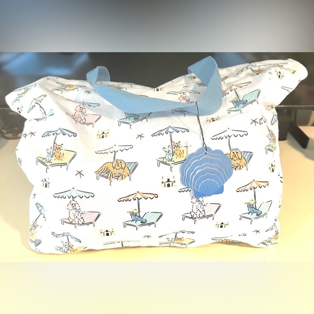 NEW NWT Seafarer Whimsical Dogs on Beach Large Tote Bag Cotton Canvas Coastal